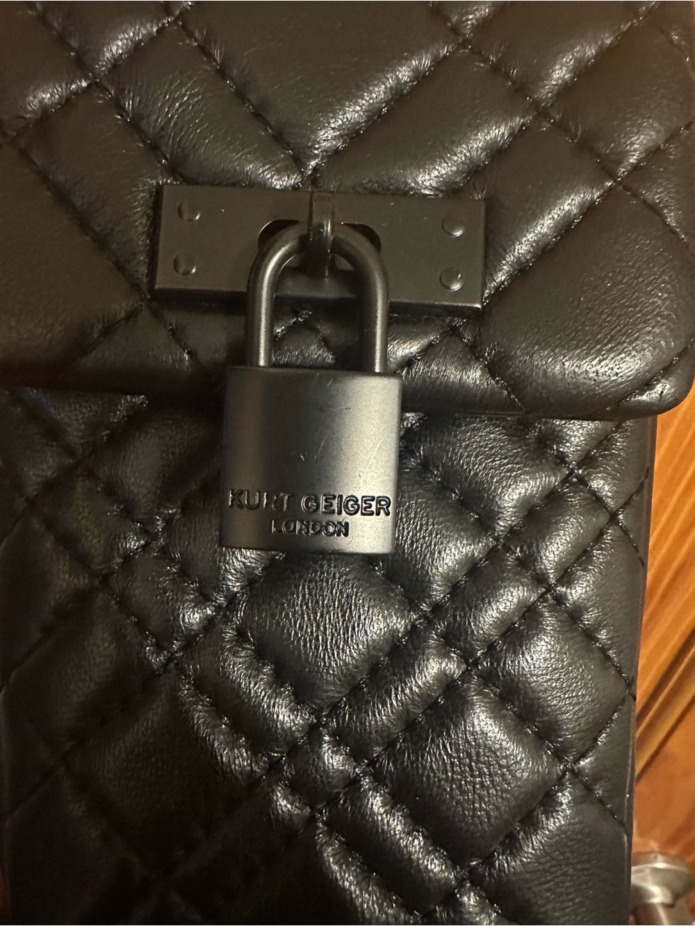 Kurt Geiger Black Quilted Crossbody Phone Bag with Padlock - Picture 3 of 5
